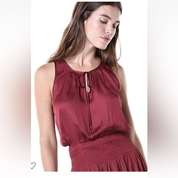 Halston Heritage Sleeveless Smocked Waist High/Low Dress Ruby Maroon XL - Picture 3 of 16